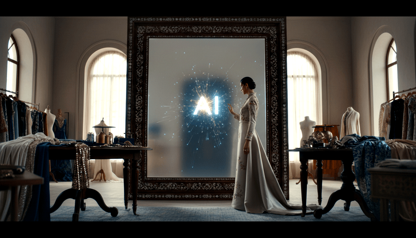 Dark-haired woman in ivory lace gown reaching toward ornate dark-framed panel emitting glowing holographic 'AI' letters with blue-white sparks.