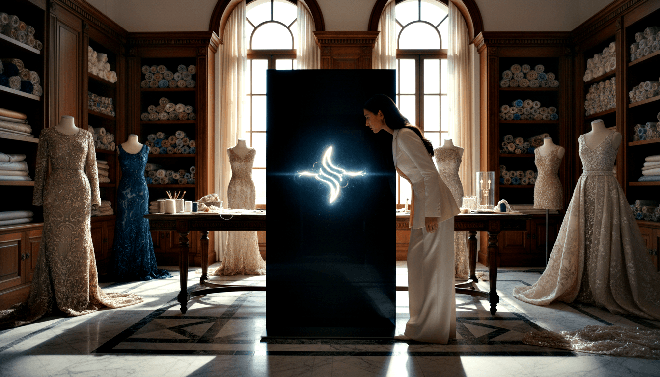 Woman in white gown leaning toward a large black panel with a glowing white wave symbol, flanked by mannequins in elaborate gowns.