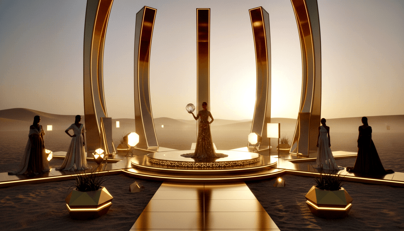 CGI desert: figure in gold sequined gown holds crystal sphere on lit platform framed by golden arches, flanked by four figures.