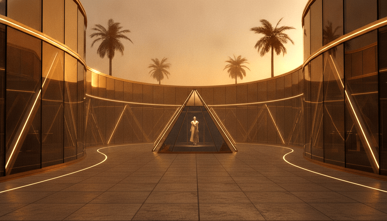 CGI courtyard with glass pyramid at center, luminous white-robed figure on pedestal, curved bronze glass walls with gold trim.