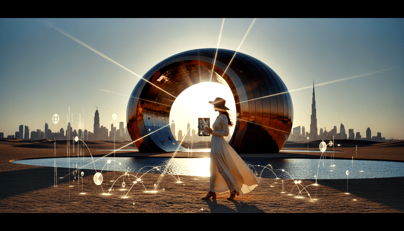 Woman in white gown and wide-brimmed hat stands before massive copper toroidal sculpture, sun blazing through ring's center in desert.