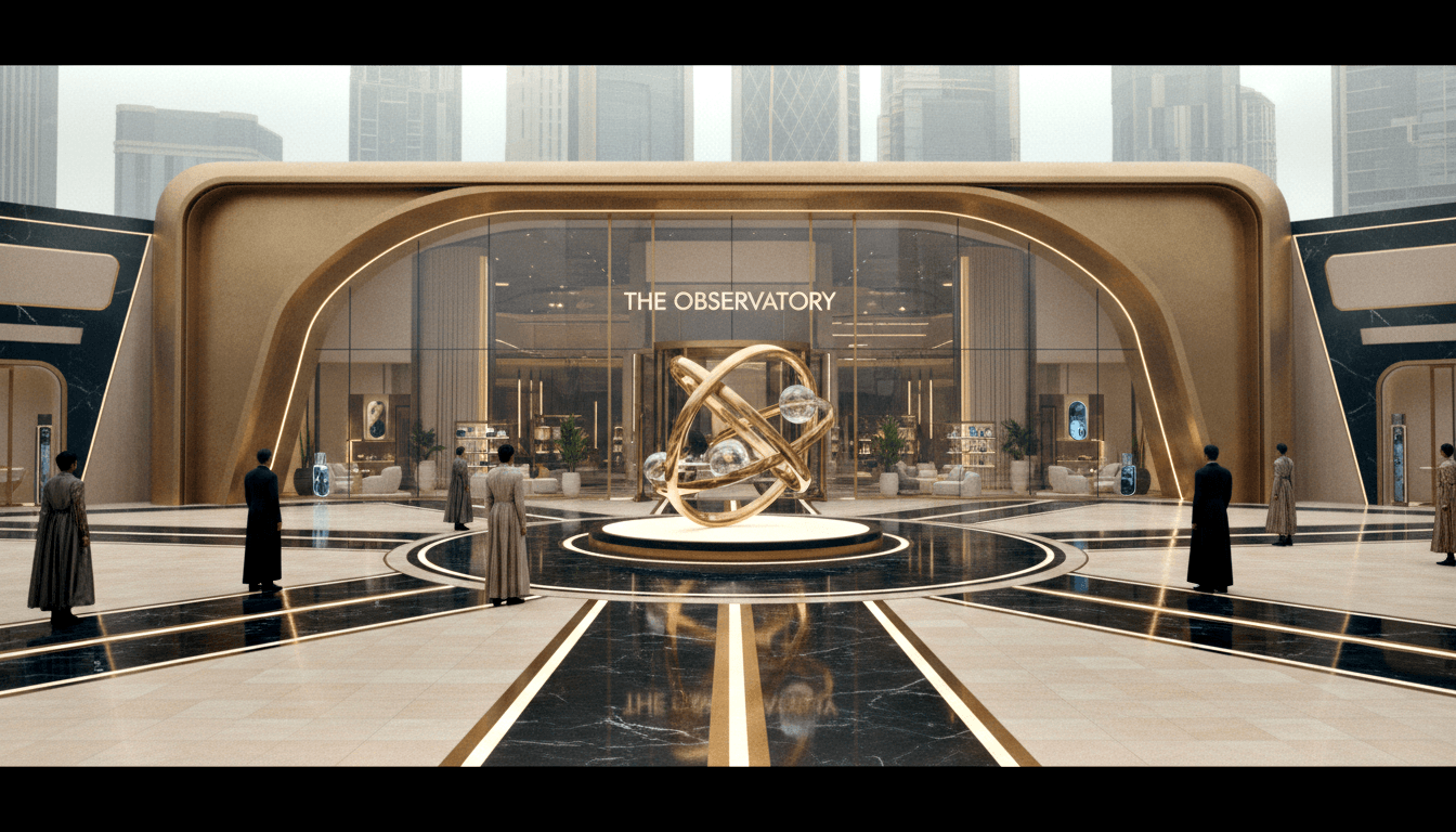 CGI 'THE OBSERVATORY' entrance: arched glass doors, gold armillary sculpture, figures in dark formal wear, misty skyline.