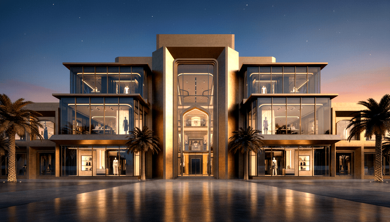 Large contemporary retail building at dusk with glowing floor-to-ceiling glass walls, tall arched central entrance, and palm trees on both sides.