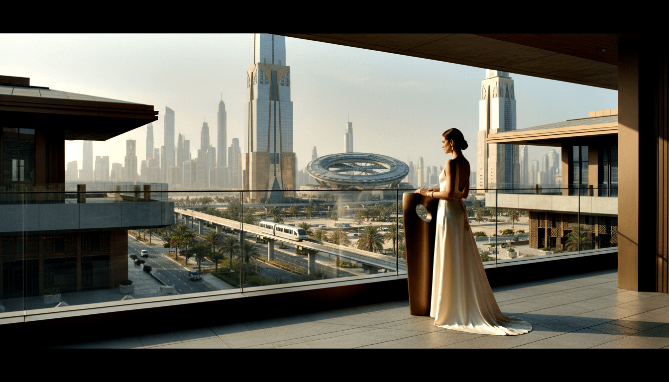 Woman in backless gown on high-rise balcony beside bronze vessel, overlooking palm boulevard and ring-shaped tower skyline.