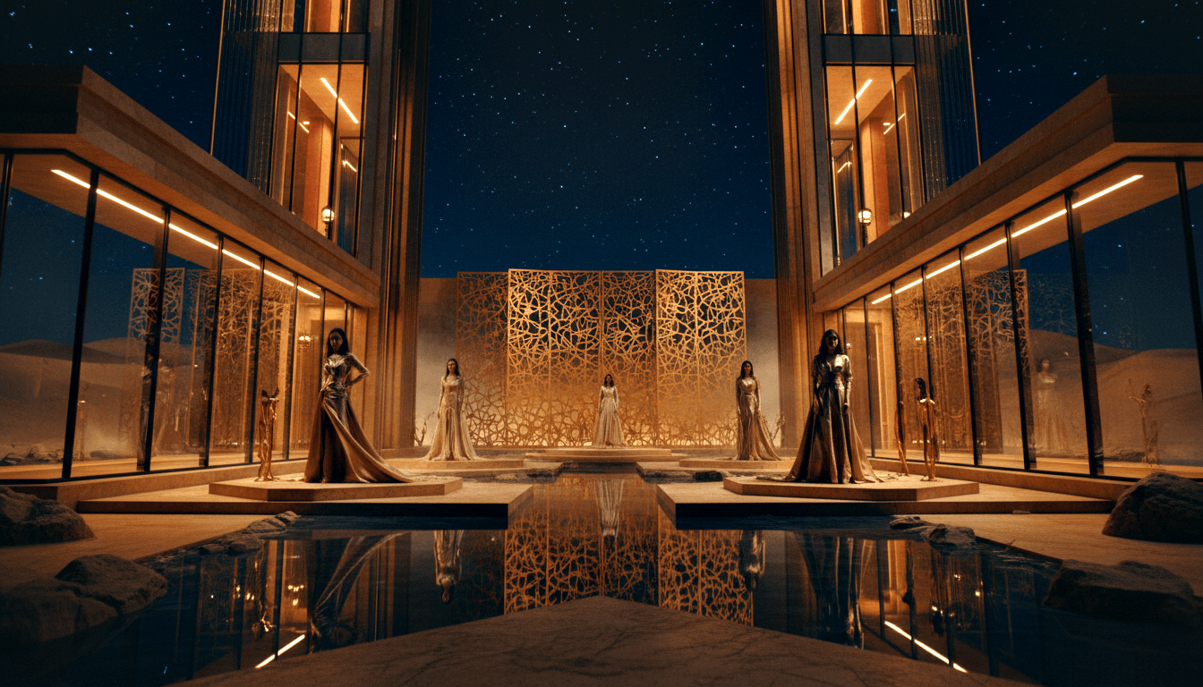 Symmetrical courtyard: gold/silver-gowned figures on hex platforms flank lit lattice screens, glass towers, dunes, starry sky.