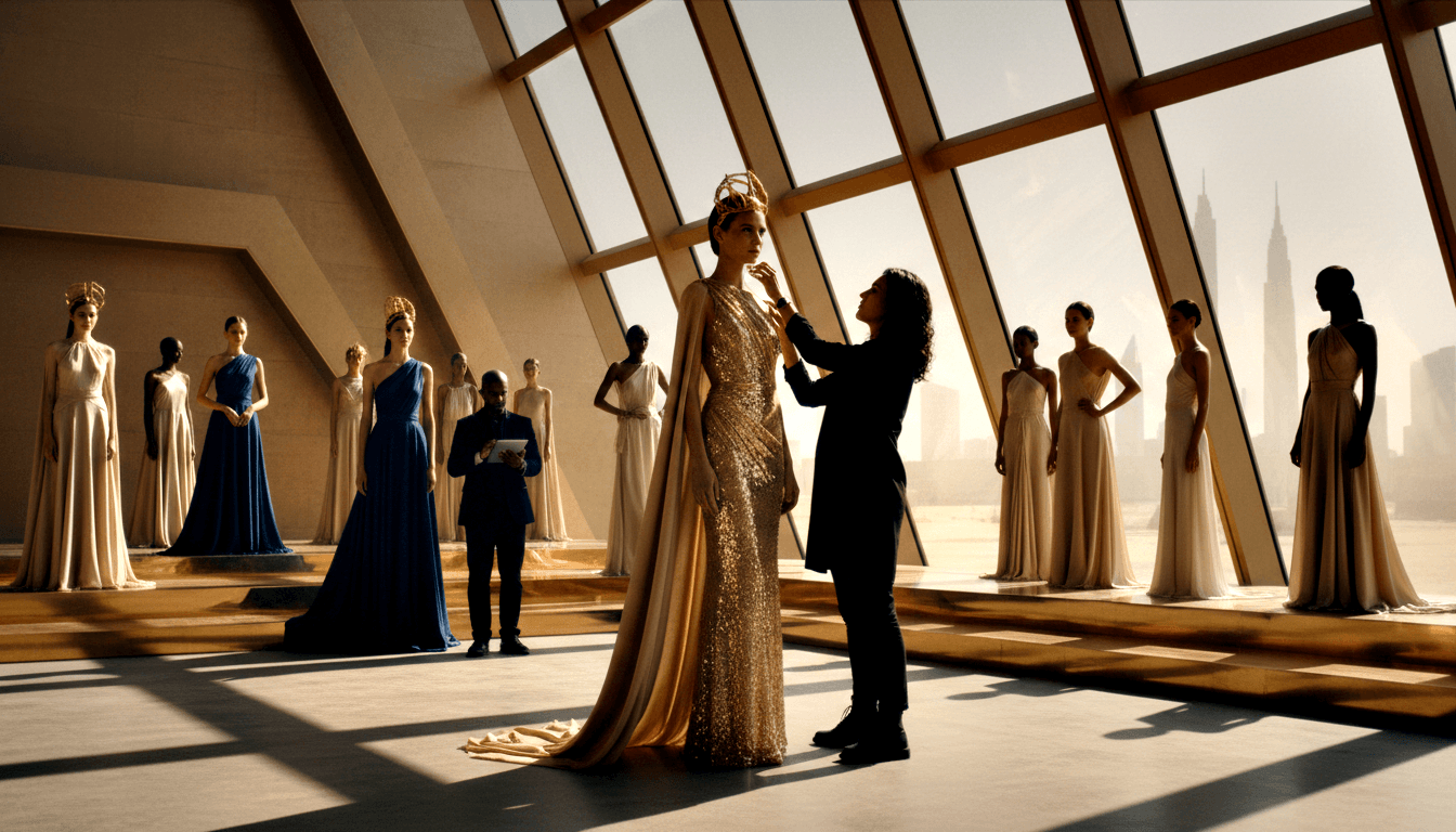 Tall figure in gold sequined gown and crown attended by person in black, flanked by models in cream and navy gowns under skylights.