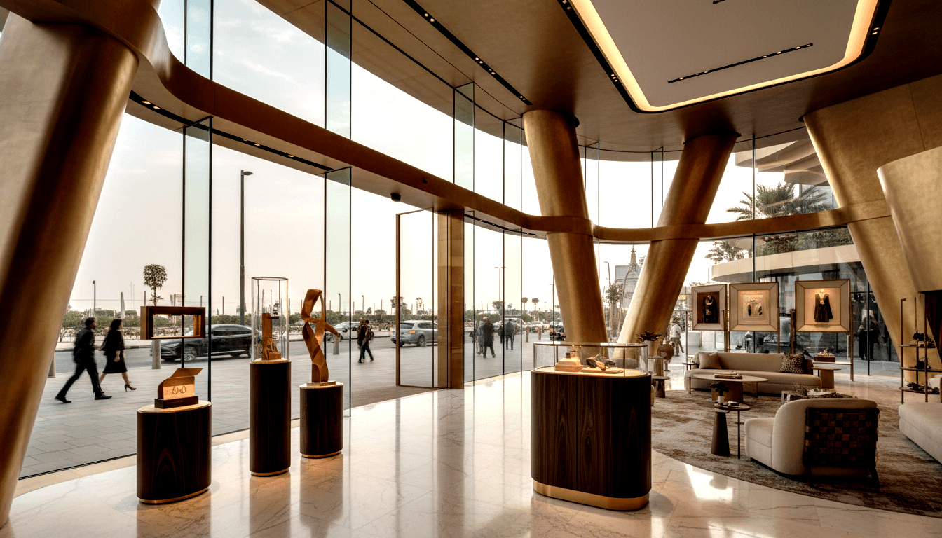 Retail showroom with marble floors, brushed-gold columns, bronze sculptures on pedestals, cream sofas, and curved glass walls facing a plaza.