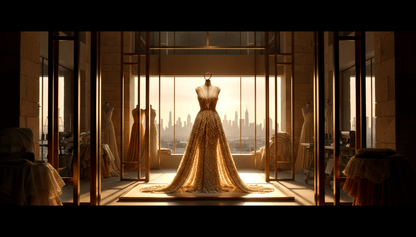 Amber-gold sequined ballgown with deep V-neckline and long train on a mannequin before floor-to-ceiling brass-framed windows.
