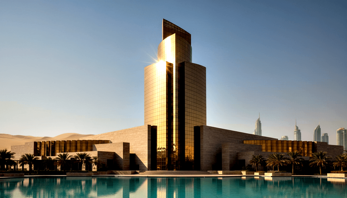 Tall golden amber glass tower with curved top element rises above a stone-clad base, flanked by palm trees and a reflective pool.