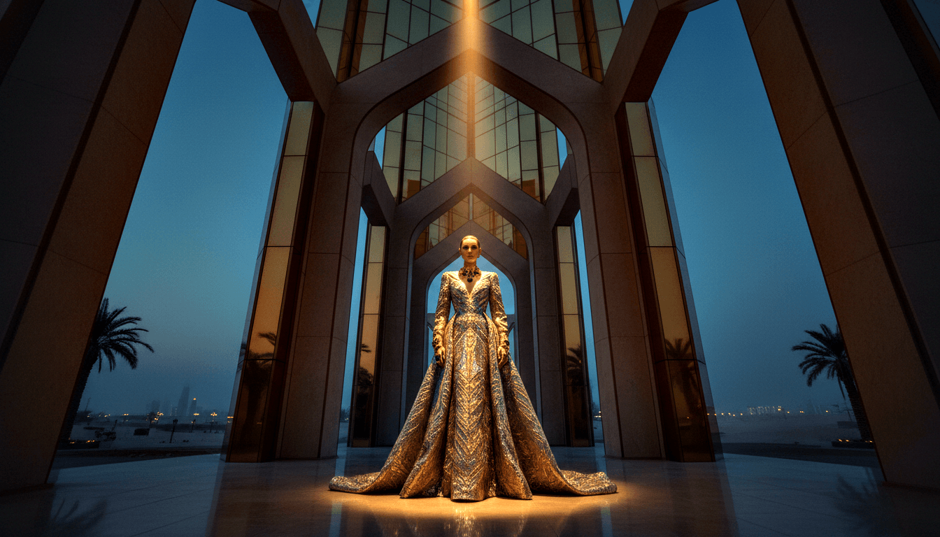 Bald figure in floor-length gold and silver beaded ballgown stands beneath monumental pointed arches with marble floors and twilight sky.