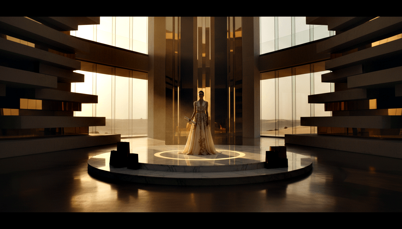 Figure in gold-embroidered gown on lit circular marble platform in modernist glass interior, amber desert sunset backlighting.