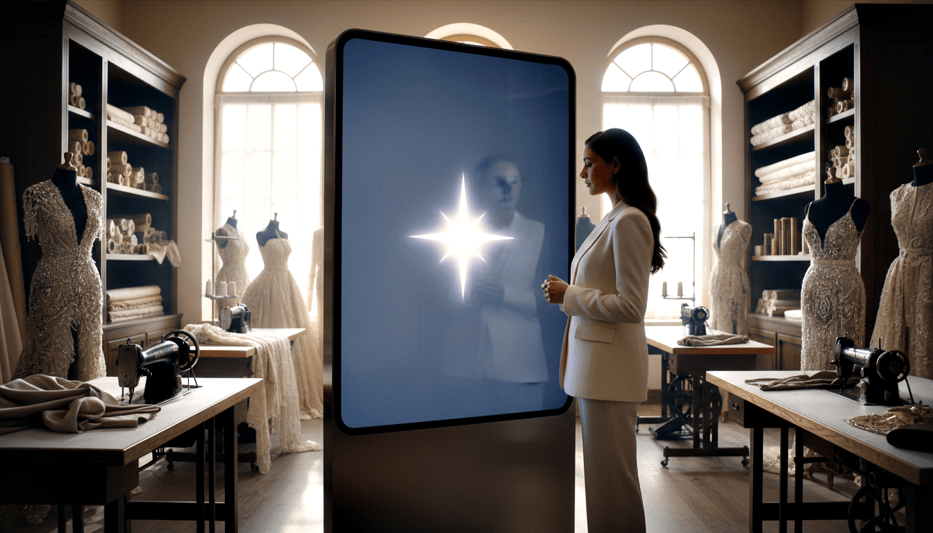 Woman in cream blazer and wide-leg trousers stands in profile before a tall digital screen emitting a bright four-pointed star burst.