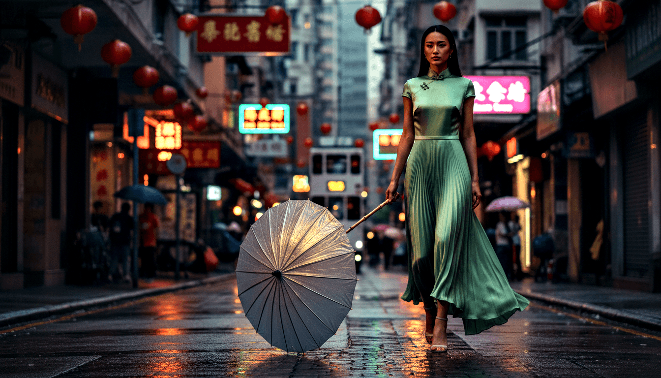 Woman in mint green pleated qipao holding grey parasol tip-down on rain-slicked street with red lanterns and teal neon signs overhead.