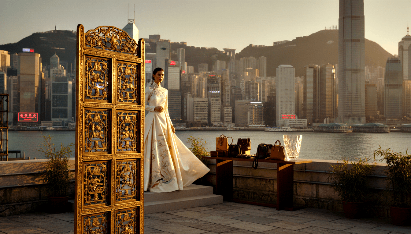 Woman in ivory embroidered ball gown beside gilt screen; leather handbags on table, harbor and mountains beyond.
