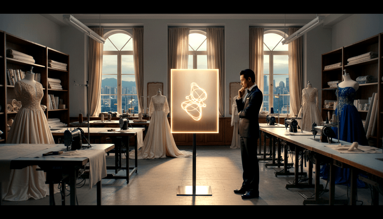 Man in charcoal suit stands before glowing amber-swirl metal panel in fashion atelier with mannequins, fabric bolts, and dusk city skyline.