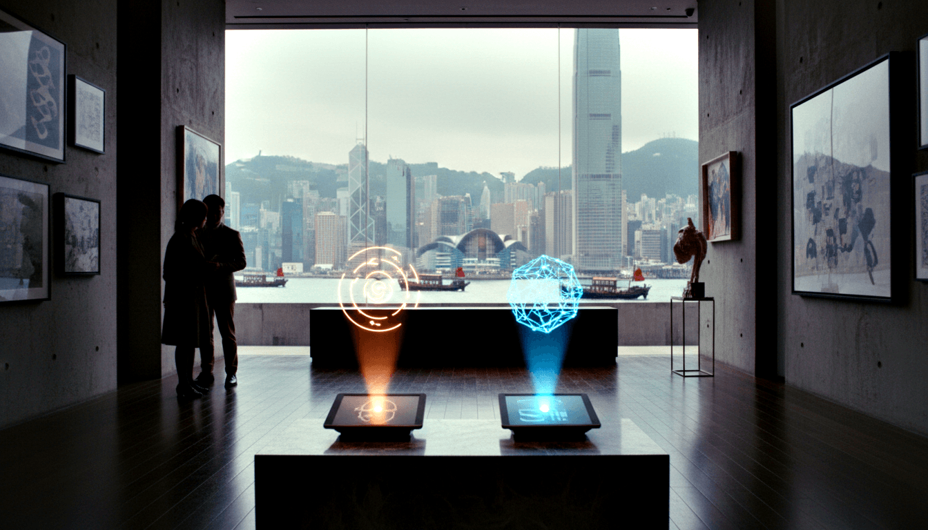 Dark gallery with amber orbital and cyan polyhedron holograms on pedestals; silhouetted figures; harbor skyline beyond windows.