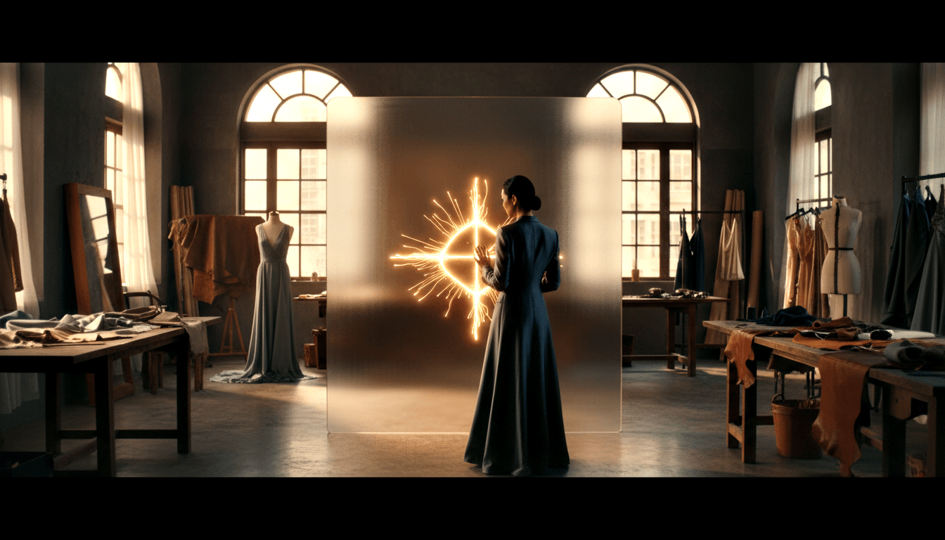 Woman in dark coat seen from behind raises hand toward frosted panel; golden glowing circular symbol emits amber light between them.