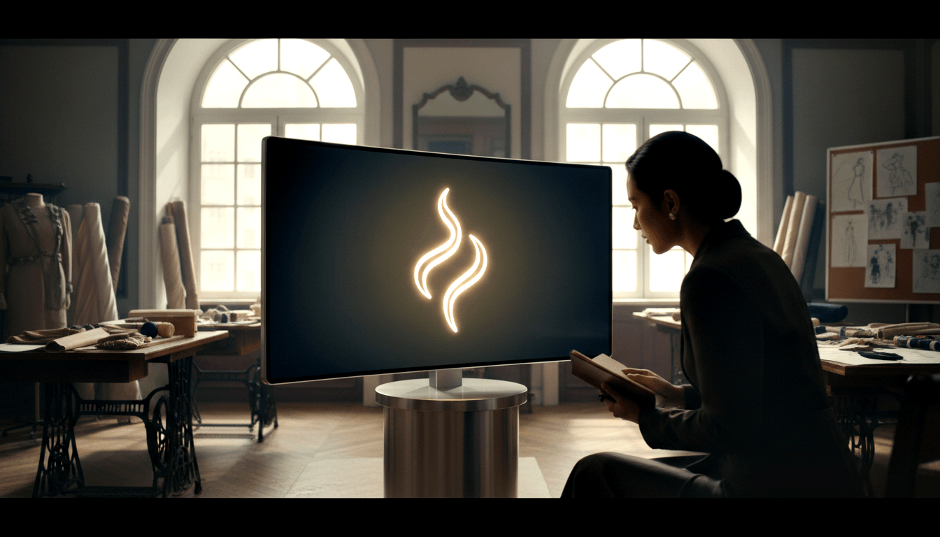 CGI atelier: arched windows, herringbone parquet, pinboards, fabric rolls; flatscreen shows amber flame; woman holds notebook.