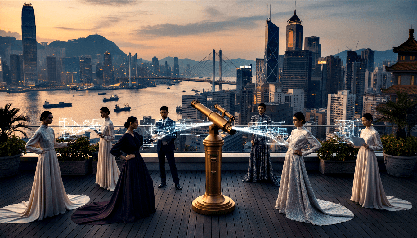 Formally dressed figures in gowns surround a gold pedestal telescope emitting blue holographic light on a rooftop at dusk.