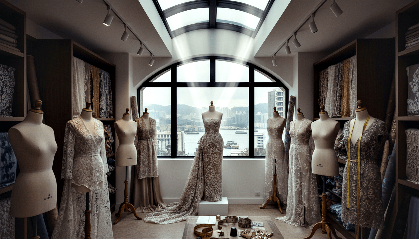 Six or seven torso mannequins on wooden stands display cream and champagne lace gowns, centered on an arched window overlooking a harbor.
