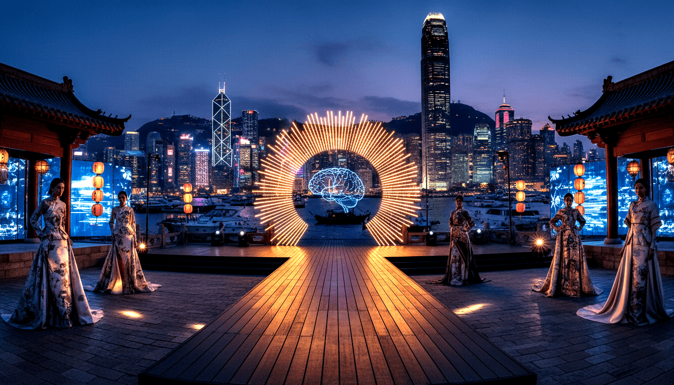 Six women in silver-grey floral gowns flank a golden sunburst arch with a glowing blue brain, on a waterfront terrace with red lanterns.