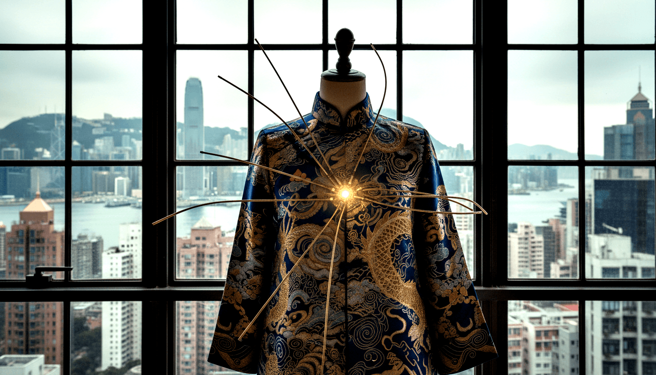 Mannequin in royal blue dragon brocade robe, gold starburst rods radiating from chest, before industrial window with harbor skyline.