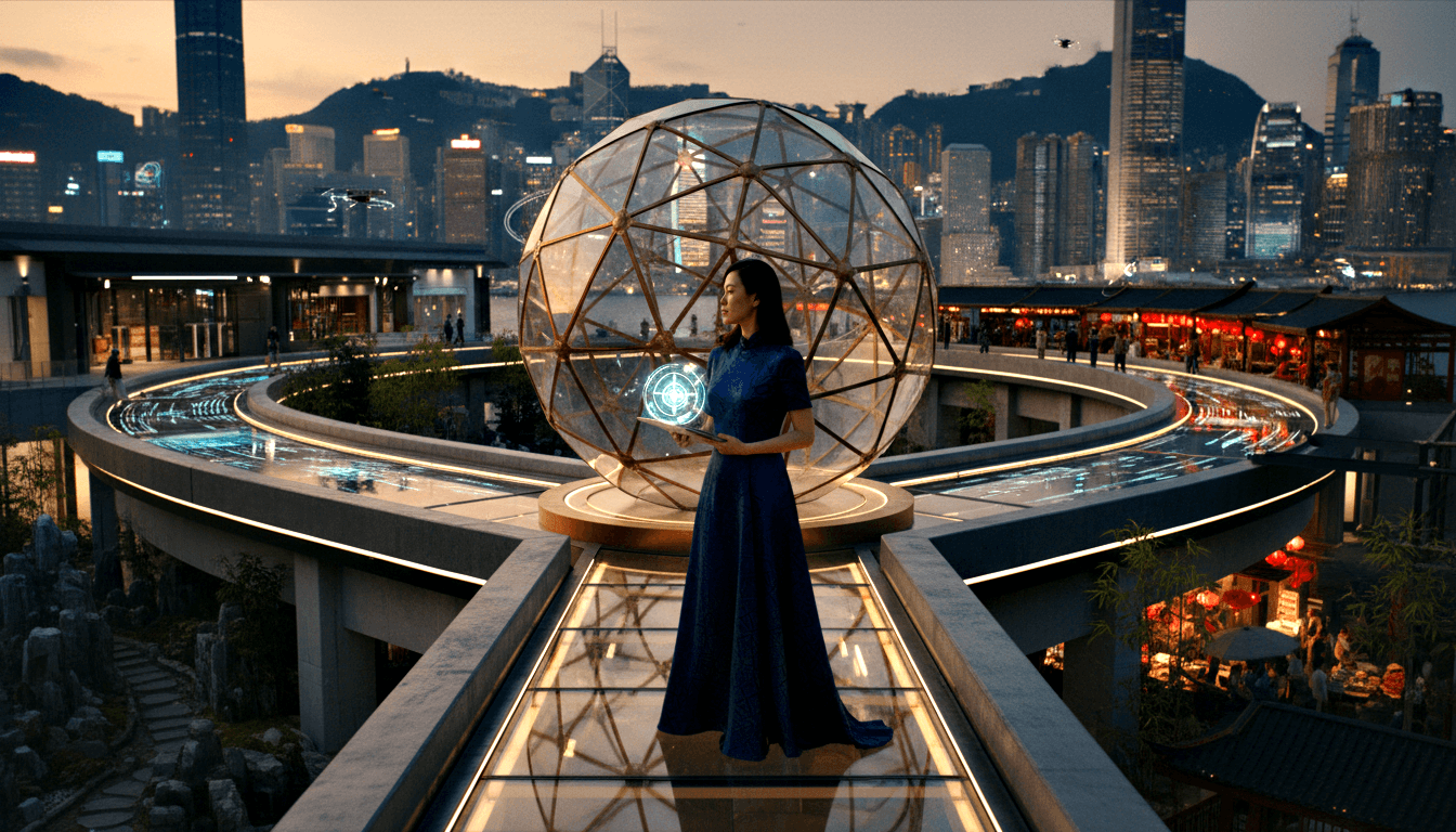 Woman in navy qipao on radial path before gold geodesic sphere at dusk; red lanterns, pavilions, city skyline behind.