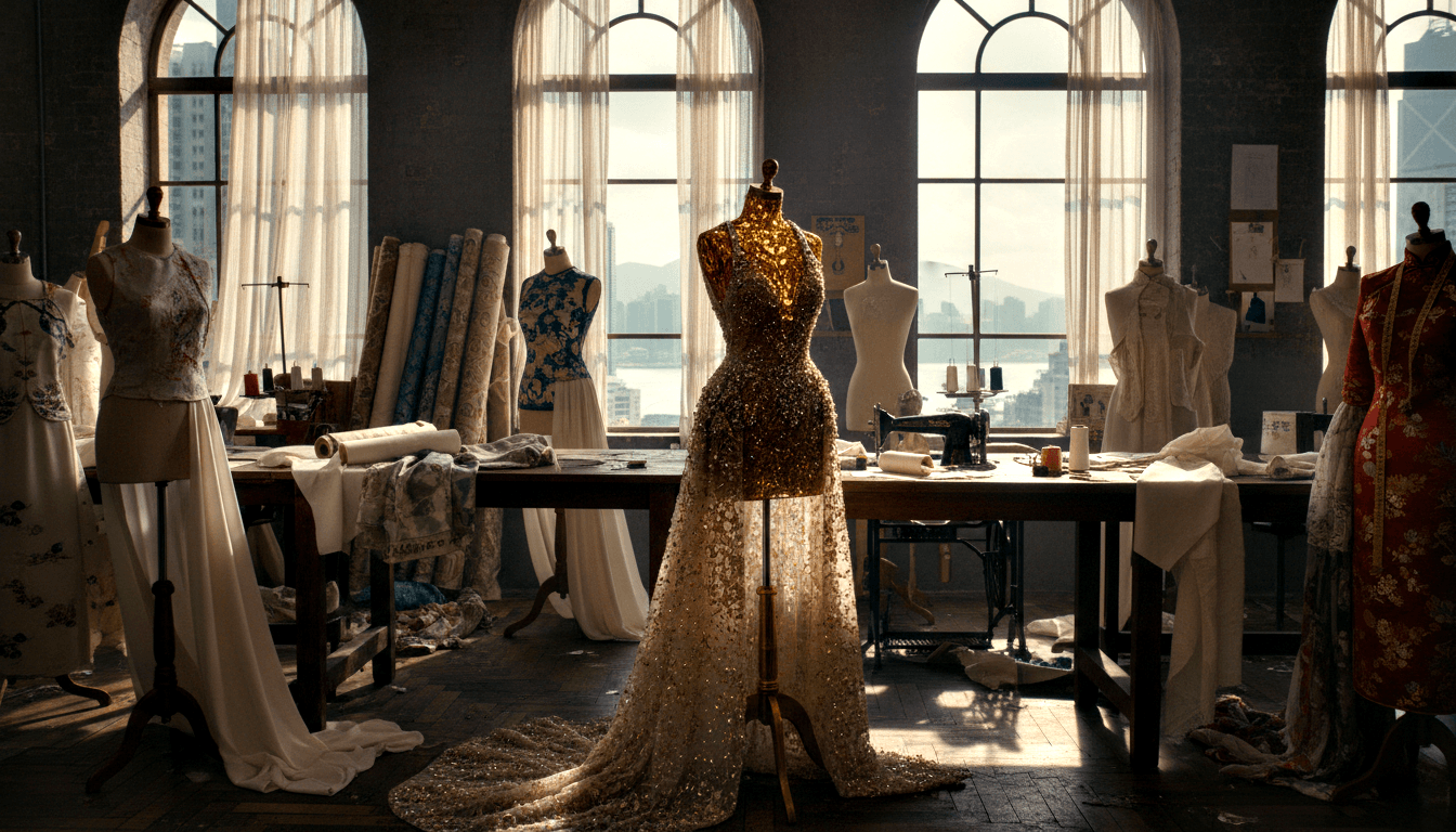 Gold sequined gown on central mannequin flanked by red and blue floral garments in an atelier with worktables and arched waterfront windows.