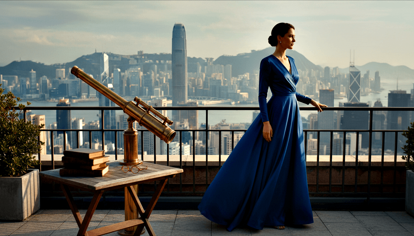 Dark-haired woman in royal blue wrap gown on stone terrace with brass telescope, books, and glasses; harbor skyline behind her.