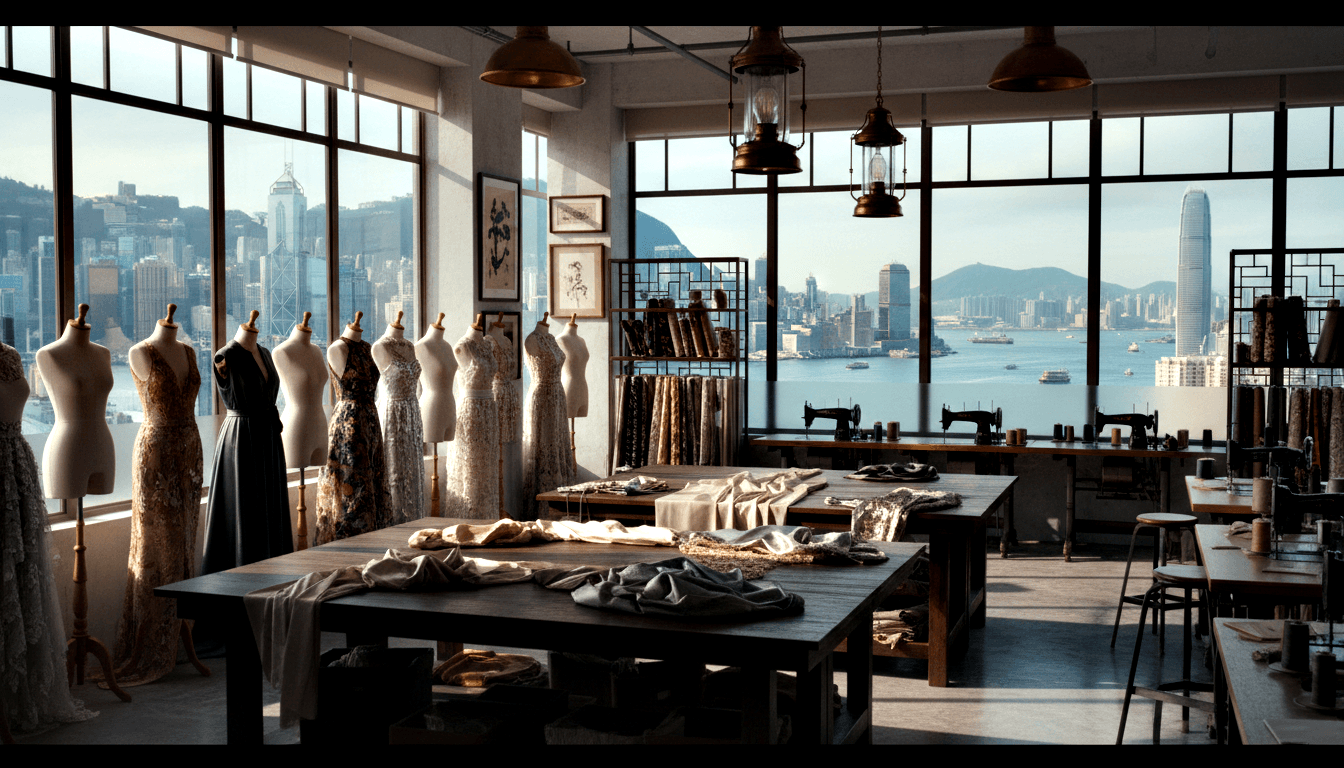 CGI loft fashion studio with mannequins in lace and dark gowns, vintage sewing machines, floor-to-ceiling windows with waterfront skyline.