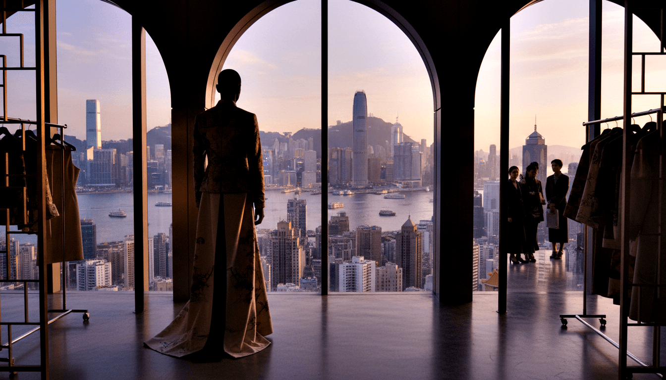 Silhouetted figure in floor-length gown with train stands before arched windows overlooking a harbor at amber-pink sunset.