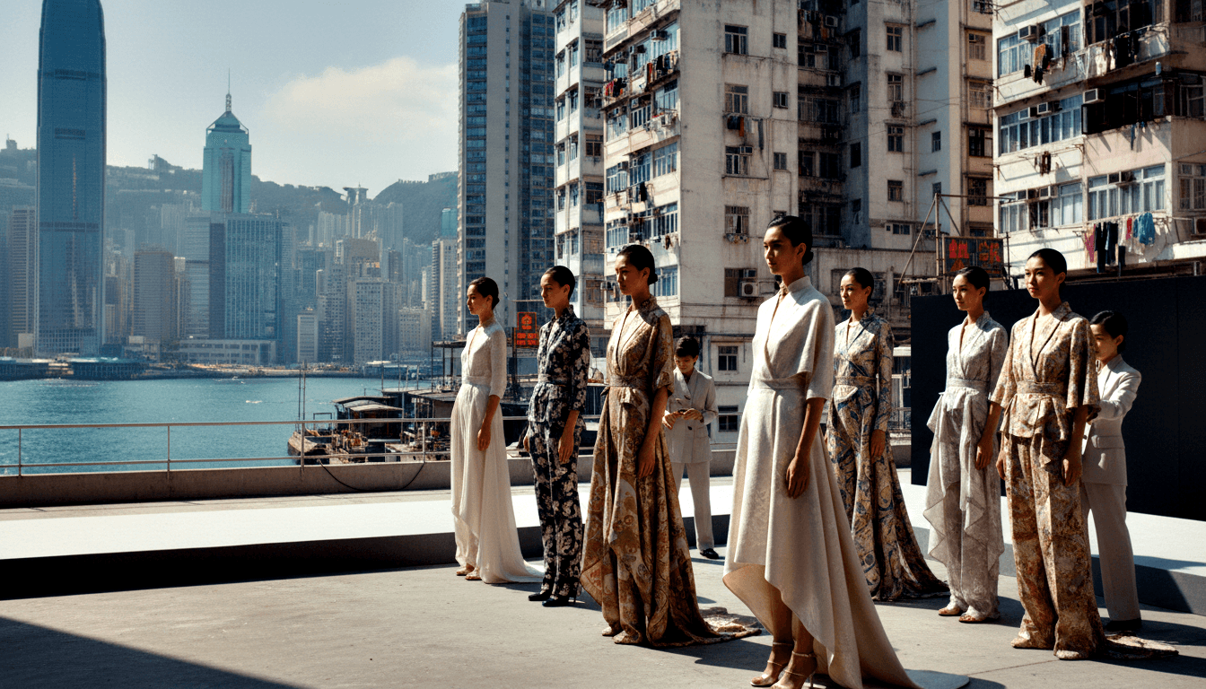 7–8 women in floor-length gowns, embroidered robes, and wide-leg trousers in ivory, navy floral, and gold tapestry on an urban rooftop.