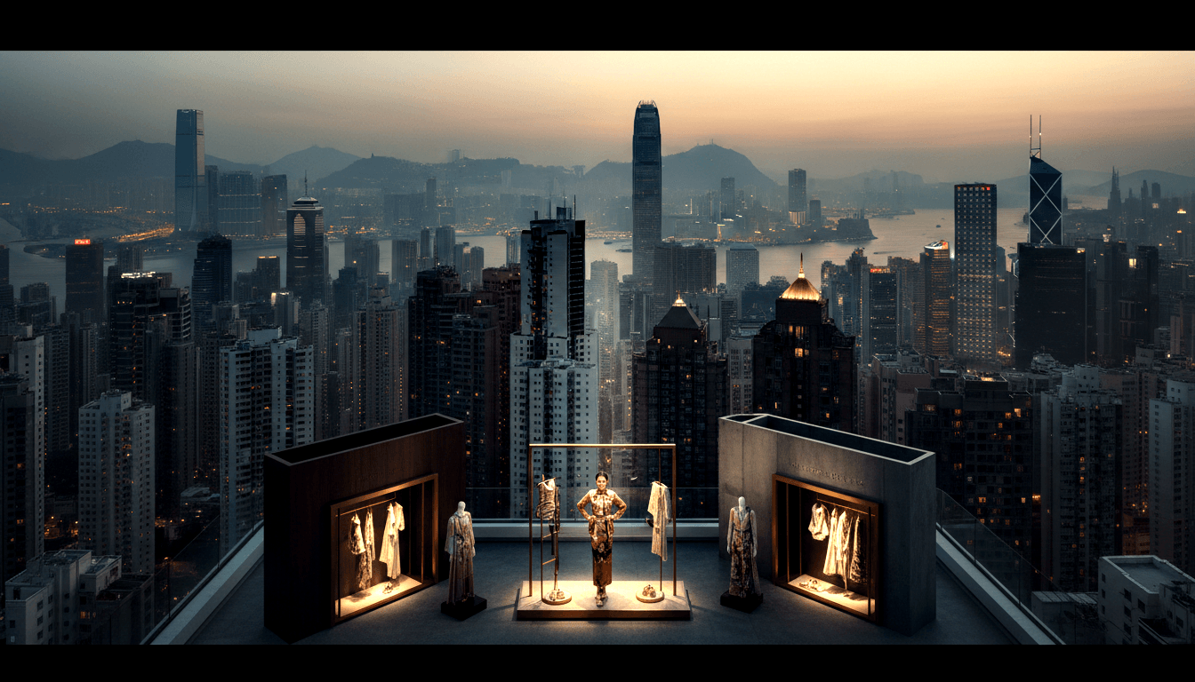 Woman in floral dress stands between two clothing racks on a rooftop, flanked by lit wooden alcoves with mannequins, city skyline behind.