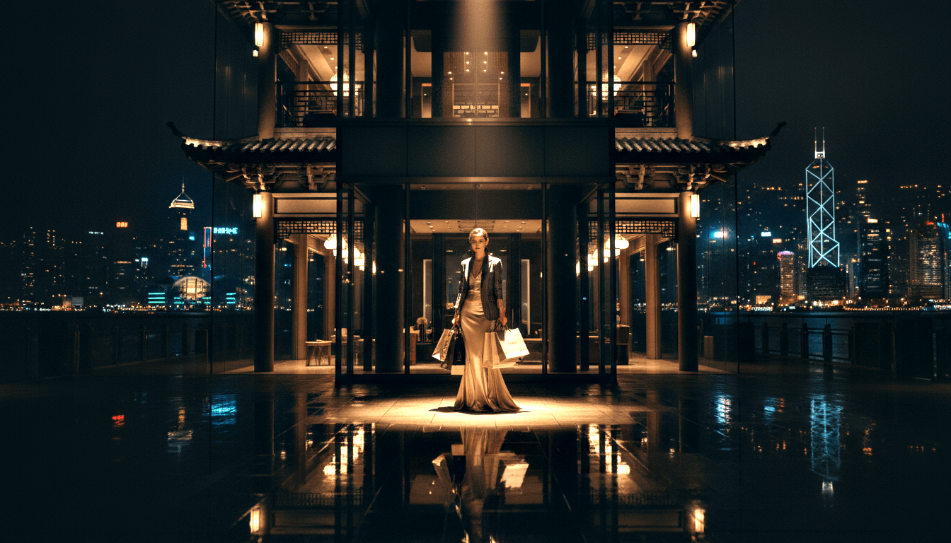Woman in champagne satin gown and dark blazer holds shopping bags in a building entrance with East Asian rooflines and modern glass.