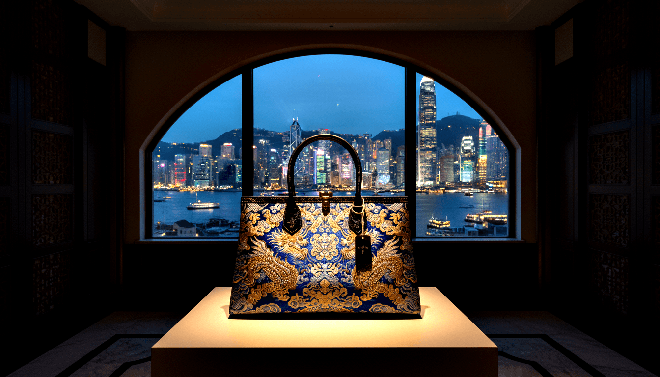 Deep royal blue fabric handbag with gold dragon and phoenix motifs on a glowing white pedestal before a nighttime harbor skyline.