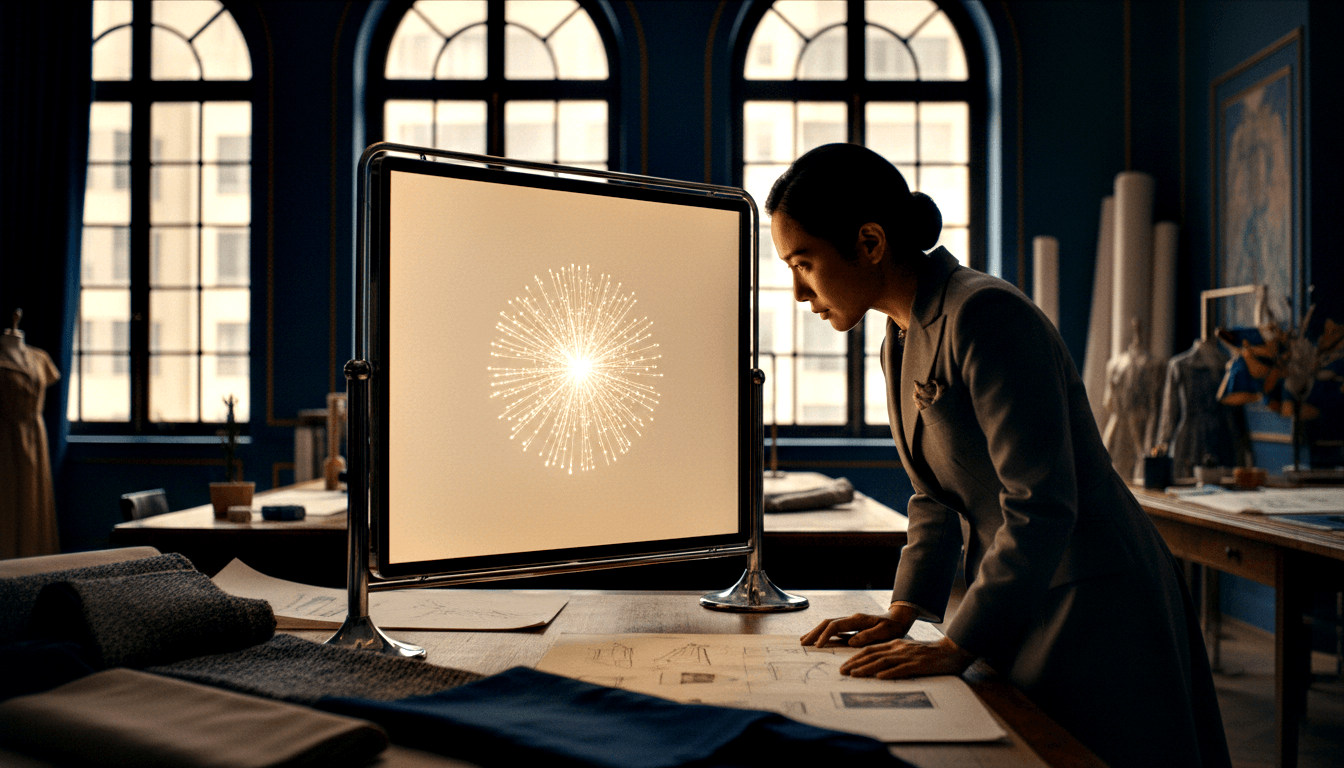 Woman in grey blazer examines a chrome lightbox showing a glowing starburst pattern, surrounded by fabric rolls and dress forms.