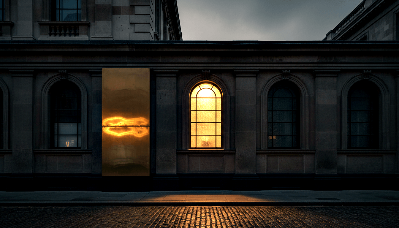 Neoclassical stone facade at night; tall golden panel displays suspended burnt-orange flame-like light; cobblestones reflect warm glow.