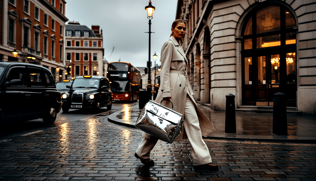 Tall woman in cream belted trench coat and wide-leg trousers walks on wet cobblestones carrying a large chrome mirror-finish handbag.