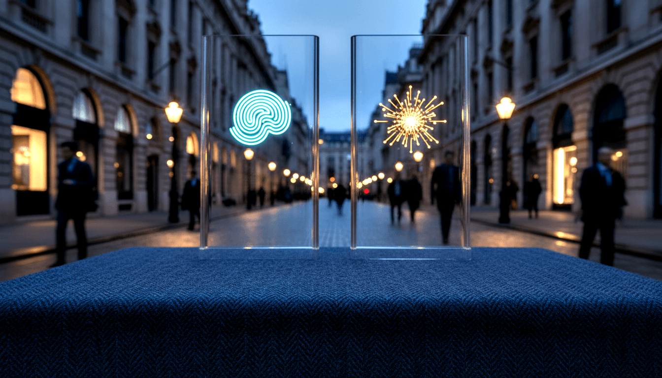 Two tall transparent panels on herringbone surface: teal spiral left, golden starburst right; dusk boulevard with bokeh lamps behind.
