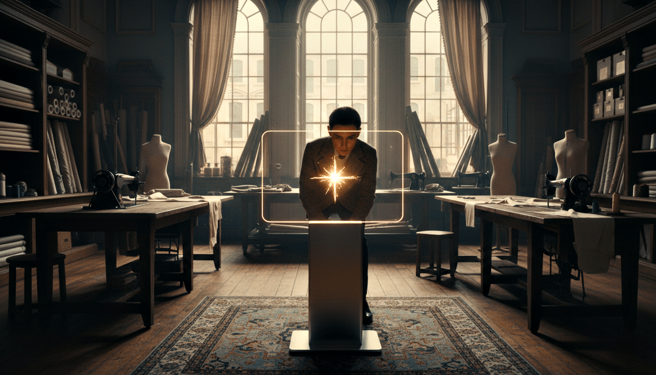 Young adult in textured suit jacket bends over glowing white pedestal in vintage tailor's atelier with arched windows and dress mannequins.