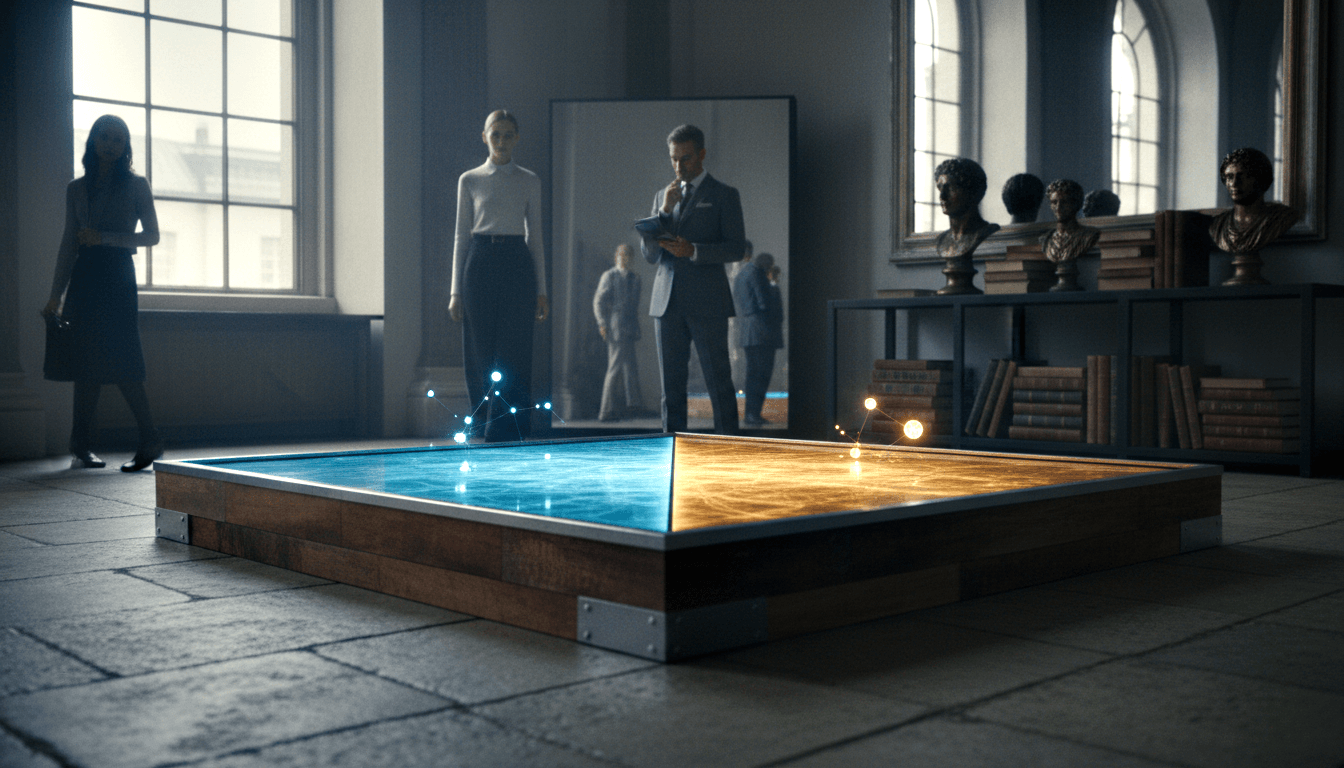 CGI interior with large illuminated table showing cyan-blue nodes on left and amber glow on right; three people and bookshelves in background.