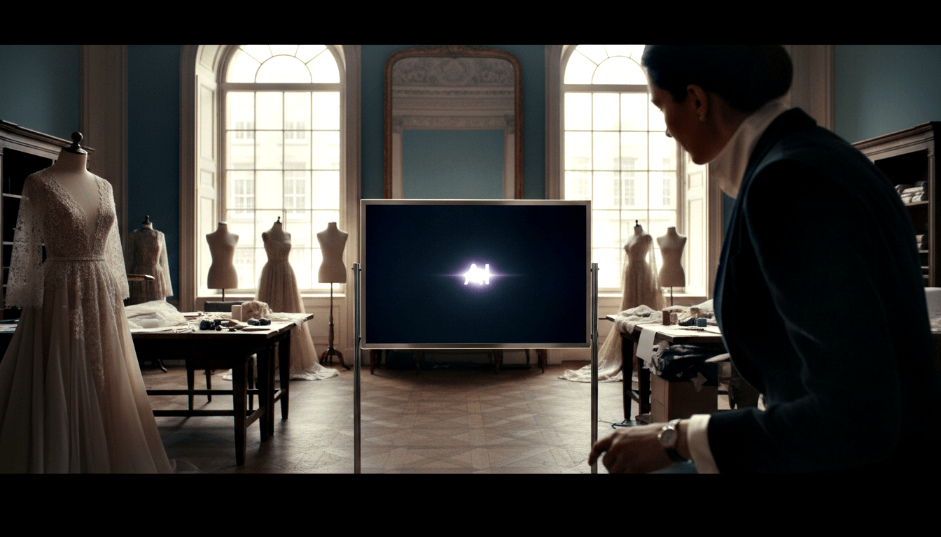 Flatscreen monitor with light burst on black screen in fashion studio with teal walls, parquet floors, couture gowns.