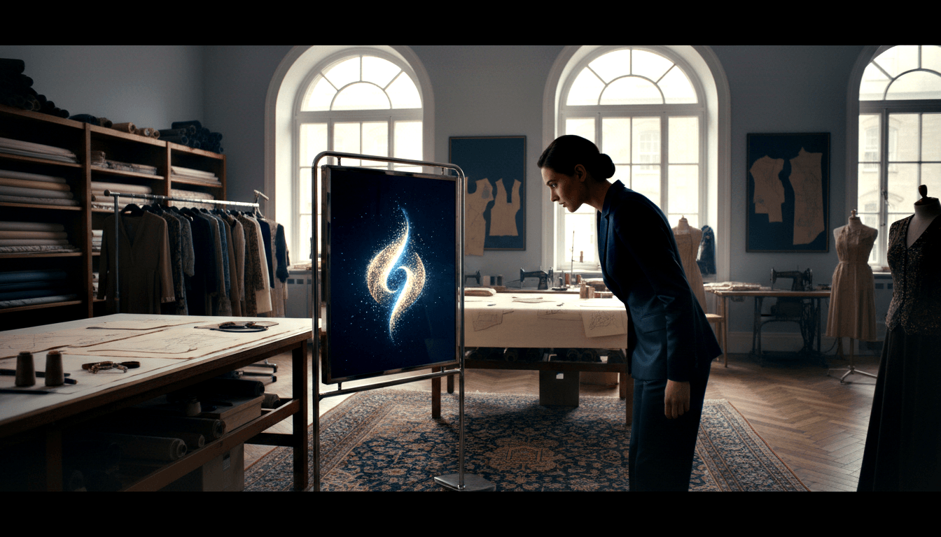 Woman in navy blazer leans toward a chrome freestanding display screen showing a swirling golden-white emblem on dark blue, in a couture atelier.