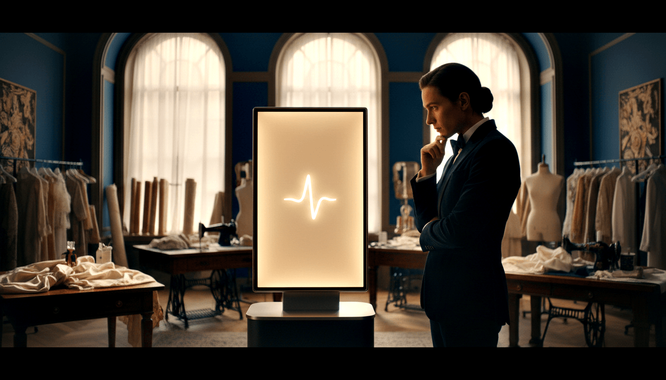 Person in navy suit, hand to chin, beside illuminated pedestal with pulse waveform; dress forms and sewing machines behind.