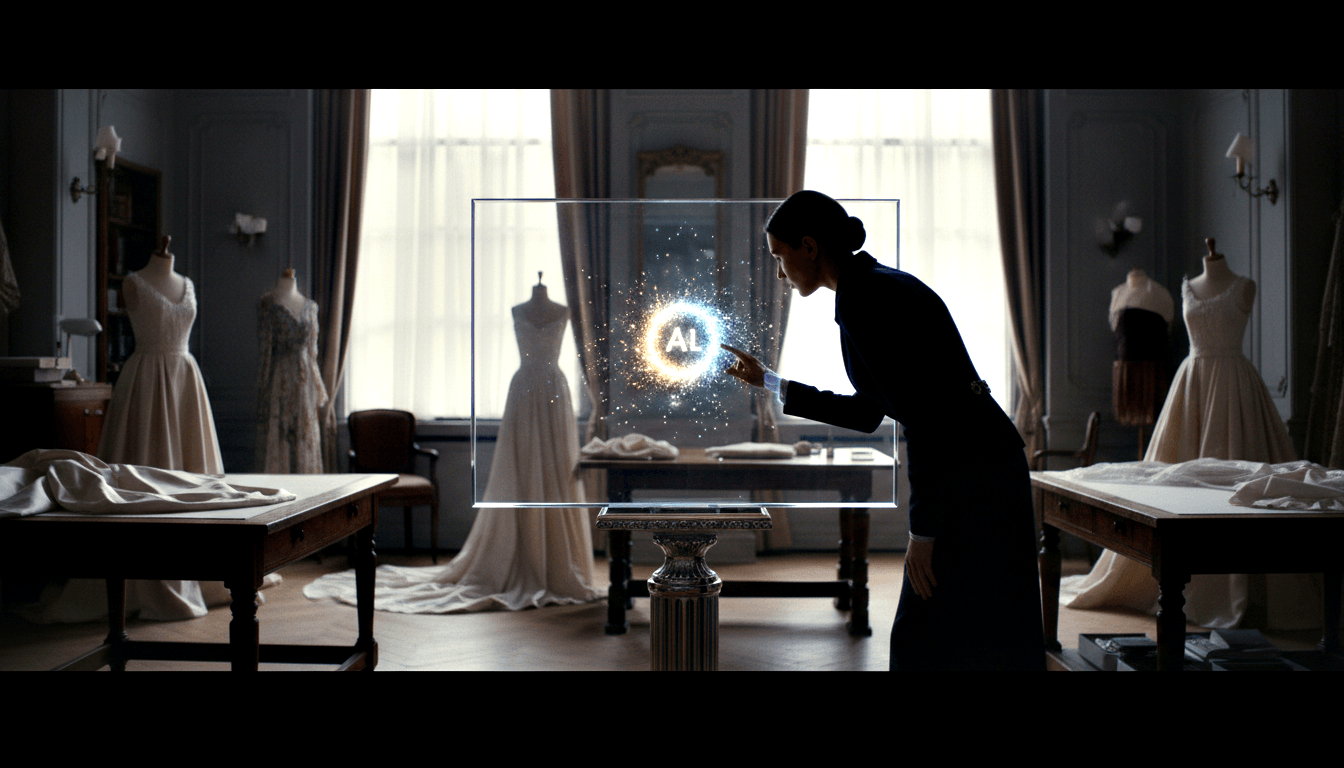 Woman in dark outfit touches glowing holographic AI emblem on pedestal, gold particles, ornate atelier with mannequins.