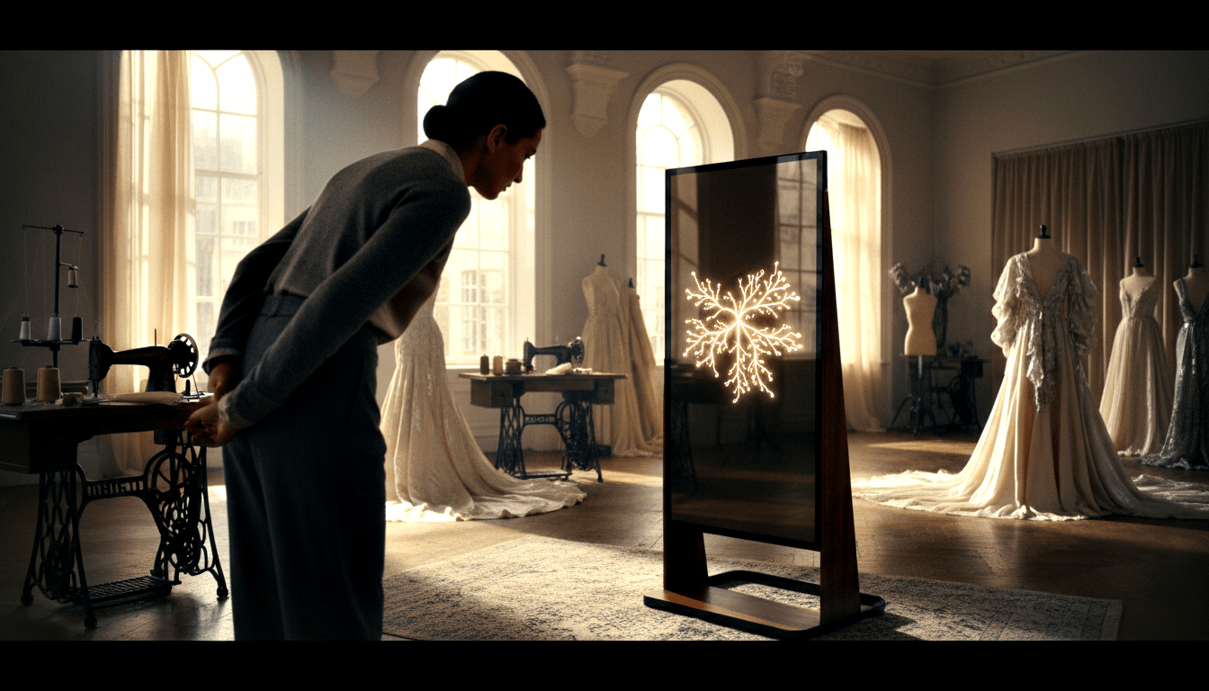Woman in grey sweater leans over treadle sewing machine facing a dark panel with glowing fractal branching light in a large atelier.