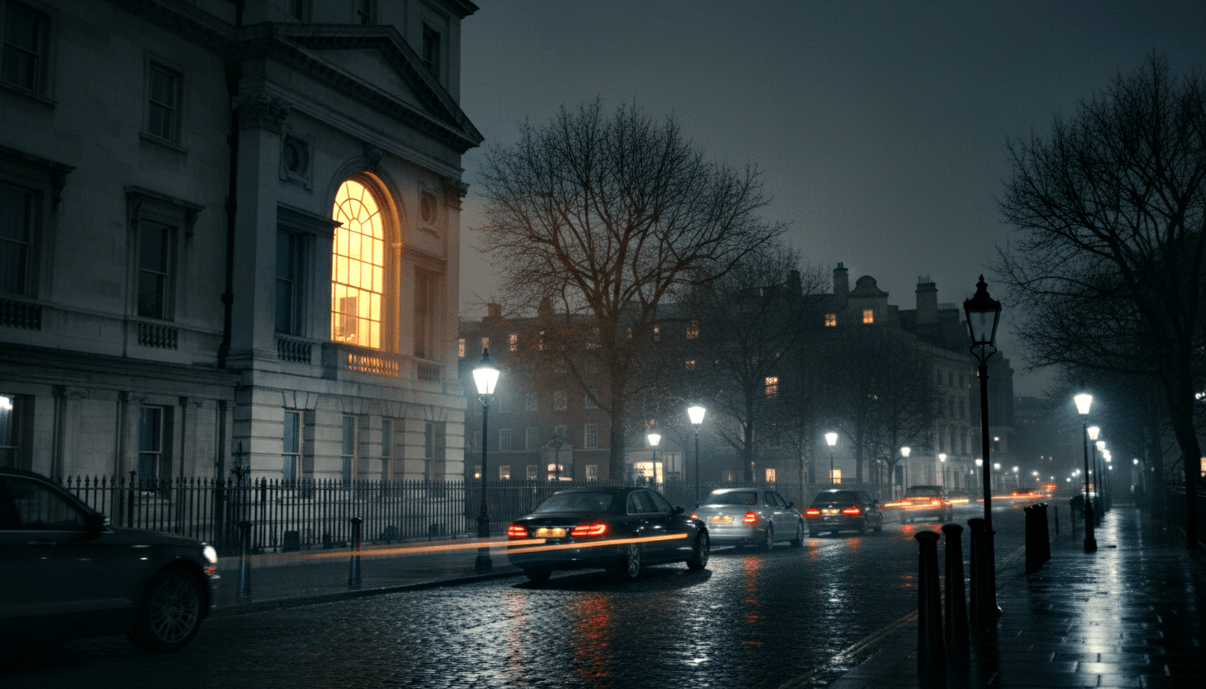 Wet cobblestone street at night with amber and red light trails from moving sedans, ornate stone buildings and globe lamp posts fading into fog.