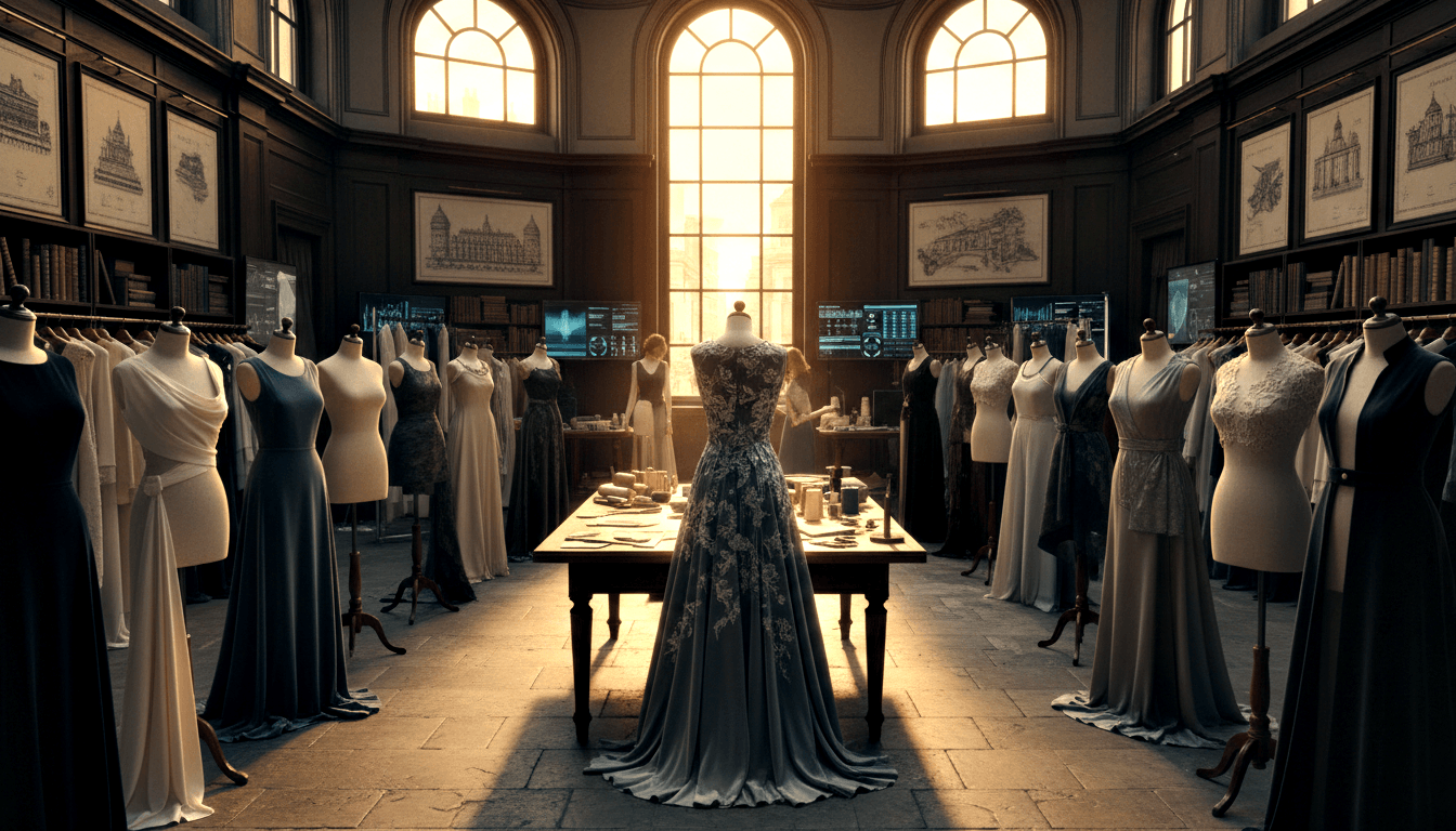 CGI studio: dark wood, arched windows, mannequins in navy/slate/ivory gowns, woman working at table with glowing monitors.