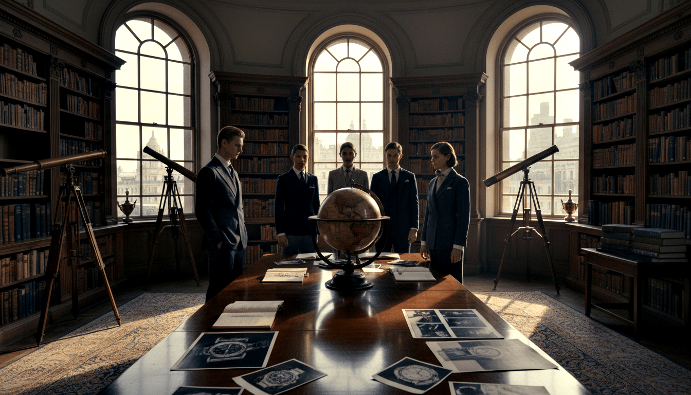 Five formally dressed figures in mid-20th-century suits around a wood table with a globe, documents, and books in a paneled library.
