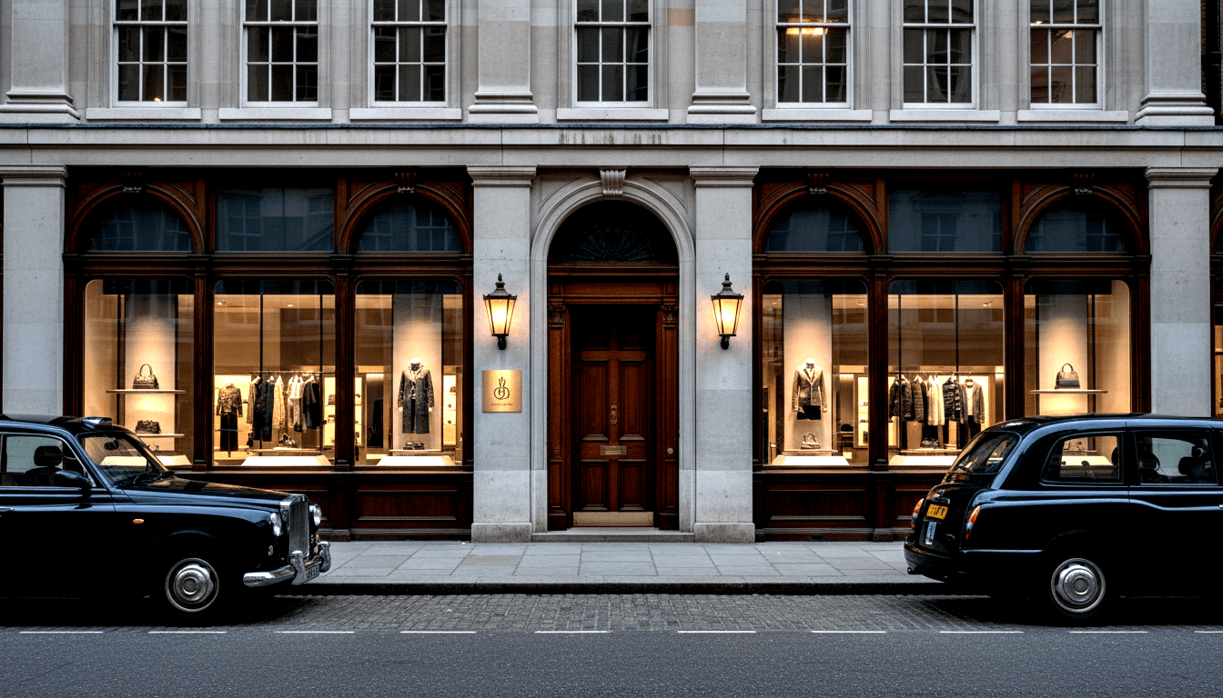 Neoclassical stone building facade at dusk with central mahogany door, amber lanterns, arched display windows, and two black hackney carriages.
